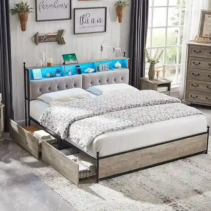 Cadre de lit King Size avec lumières LED, station de recharge et 4 tiroirs