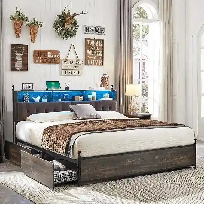 Cadre de lit King Size avec lumières LED, station de recharge et 4 tiroirs