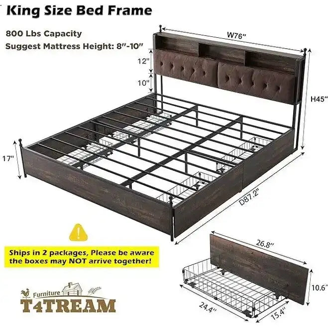 Cadre de lit King Size avec lumières LED, station de recharge et 4 tiroirs