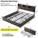 Cadre de lit King Size avec lumières LED, station de recharge et 4 tiroirs