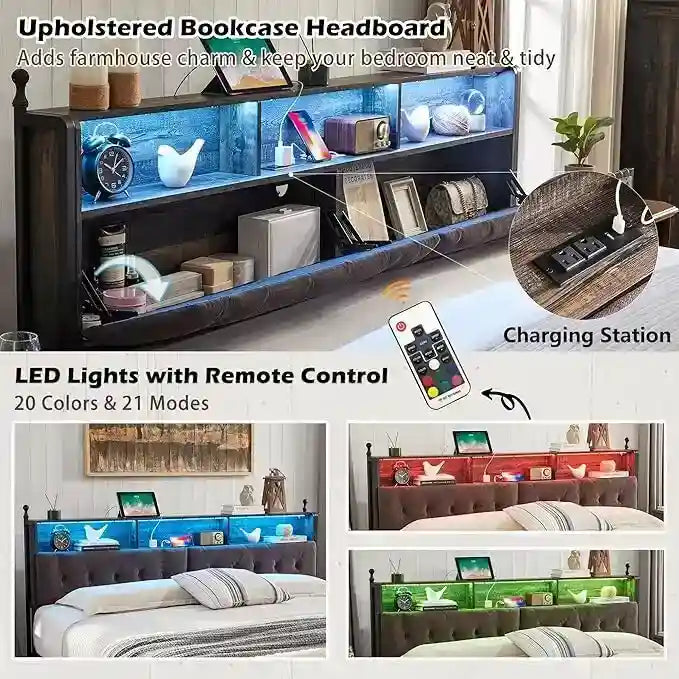 Cadre de lit King Size avec lumières LED, station de recharge et 4 tiroirs
