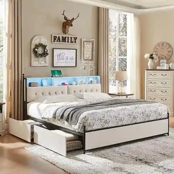 Cadre de lit King Size avec lumières LED, station de recharge et 4 tiroirs
