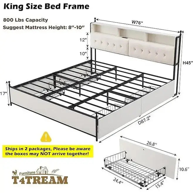 Cadre de lit King Size avec lumières LED, station de recharge et 4 tiroirs