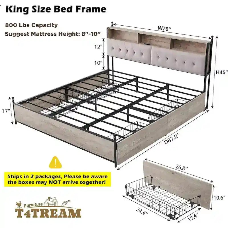 Cadre de lit King Size avec lumières LED, station de recharge et 4 tiroirs