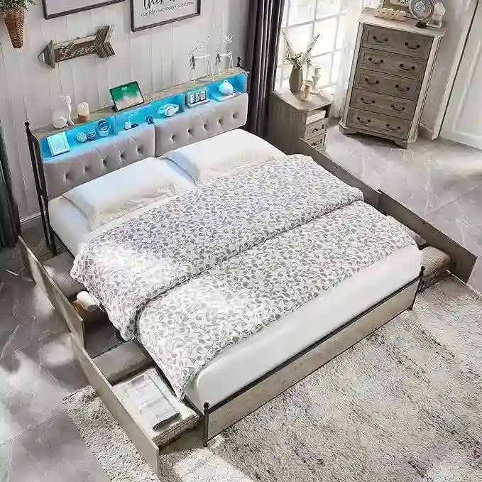 Cadre de lit King Size avec lumières LED, station de recharge et 4 tiroirs