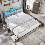Cadre de lit King Size avec lumières LED, station de recharge et 4 tiroirs