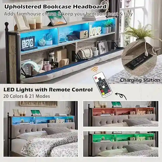Cadre de lit King Size avec lumières LED, station de recharge et 4 tiroirs