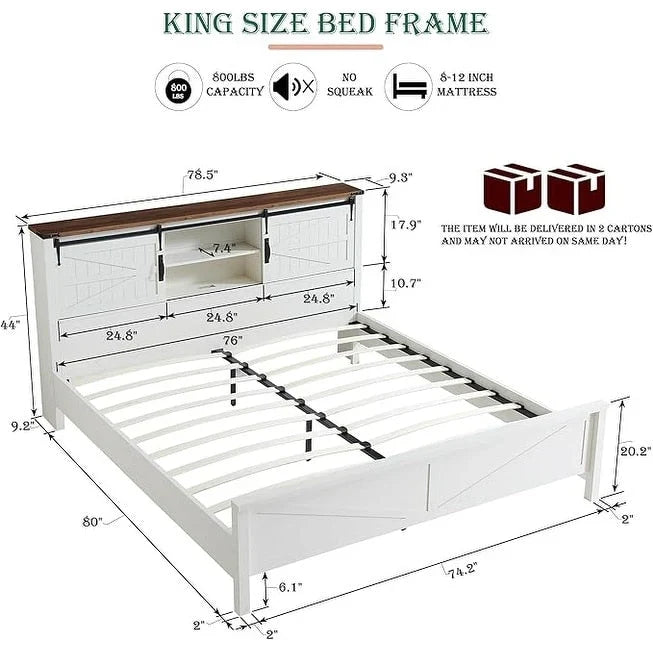 Cadre de lit King Size style ferme avec étagères de rangement et station de recharge