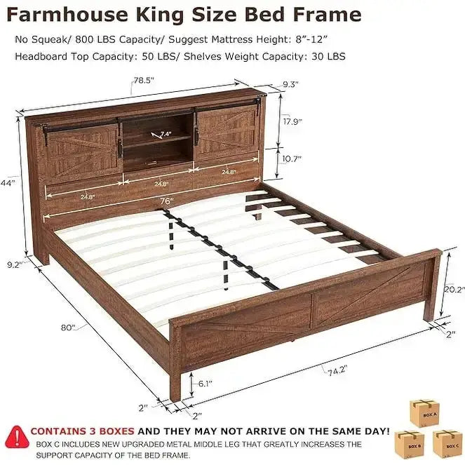 Cadre de lit King Size style ferme avec étagères de rangement et station de recharge