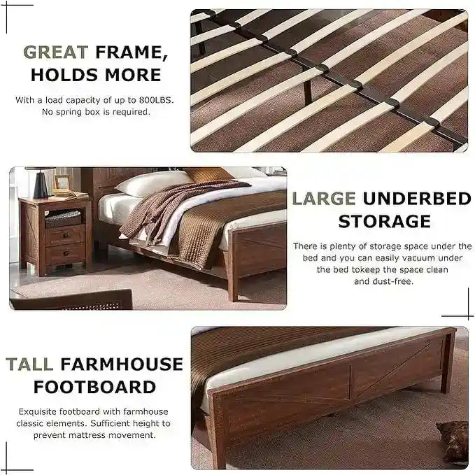 Cadre de lit King Size style ferme avec étagères de rangement et station de recharge