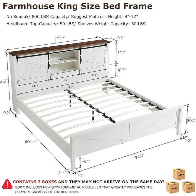 Cadre de lit King Size style ferme avec étagères de rangement et station de recharge