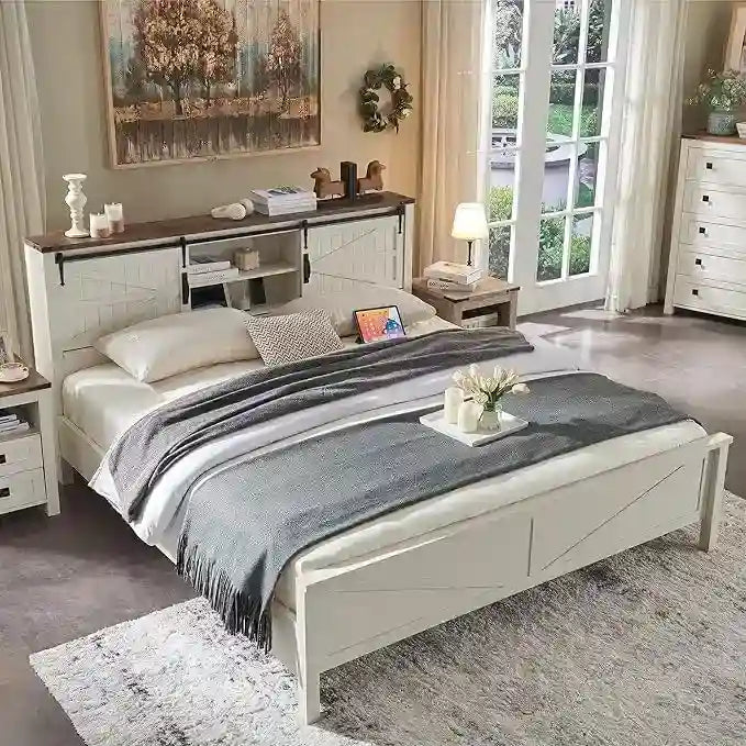 Cadre de lit King Size style ferme avec étagères de rangement et station de recharge