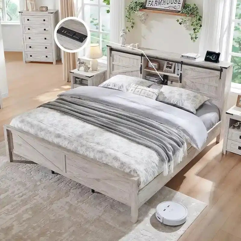 Cadre de lit King Size style ferme avec étagères de rangement et station de recharge