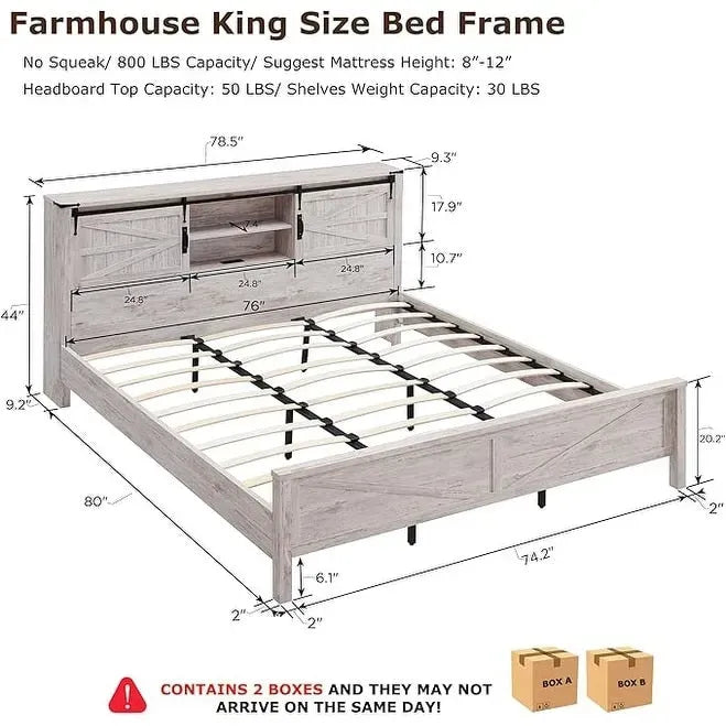 Cadre de lit King Size style ferme avec étagères de rangement et station de recharge