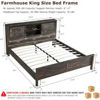 Cadre de lit King Size style ferme avec étagères de rangement et station de recharge