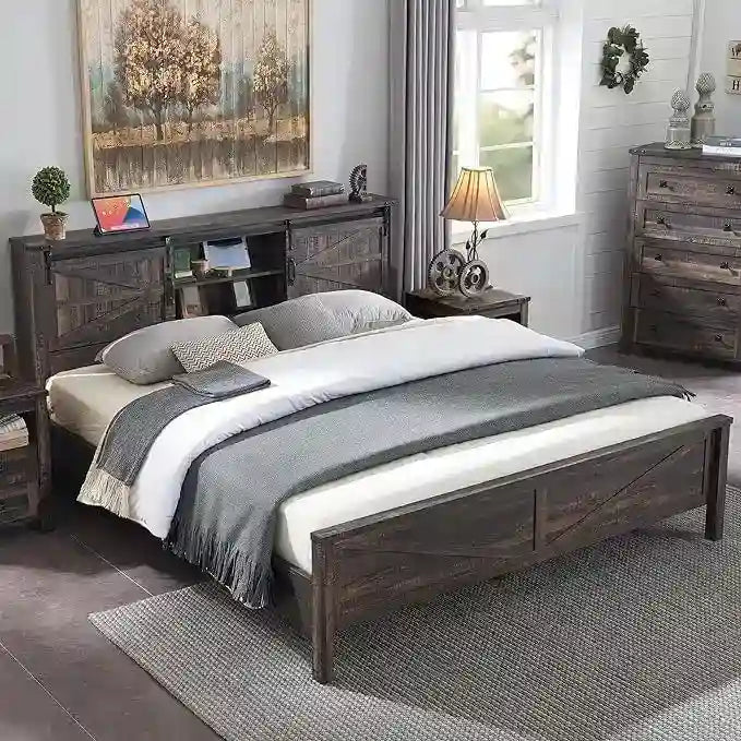 Cadre de lit King Size style ferme avec étagères de rangement et station de recharge