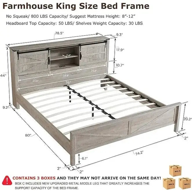 Cadre de lit King Size style ferme avec étagères de rangement et station de recharge