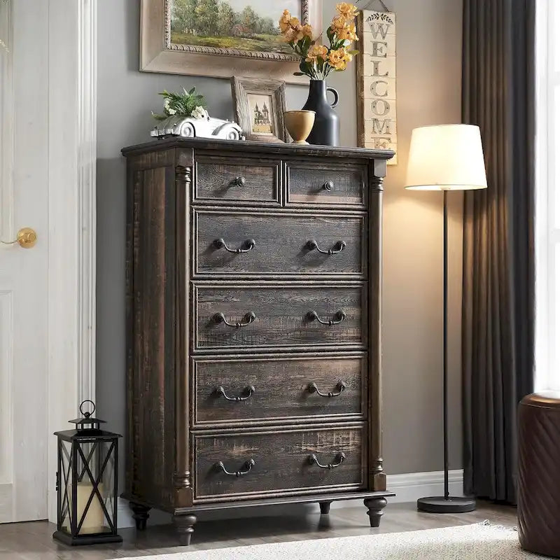 Commode rustique à 6 tiroirs de style campagnard, commode en bois rustique