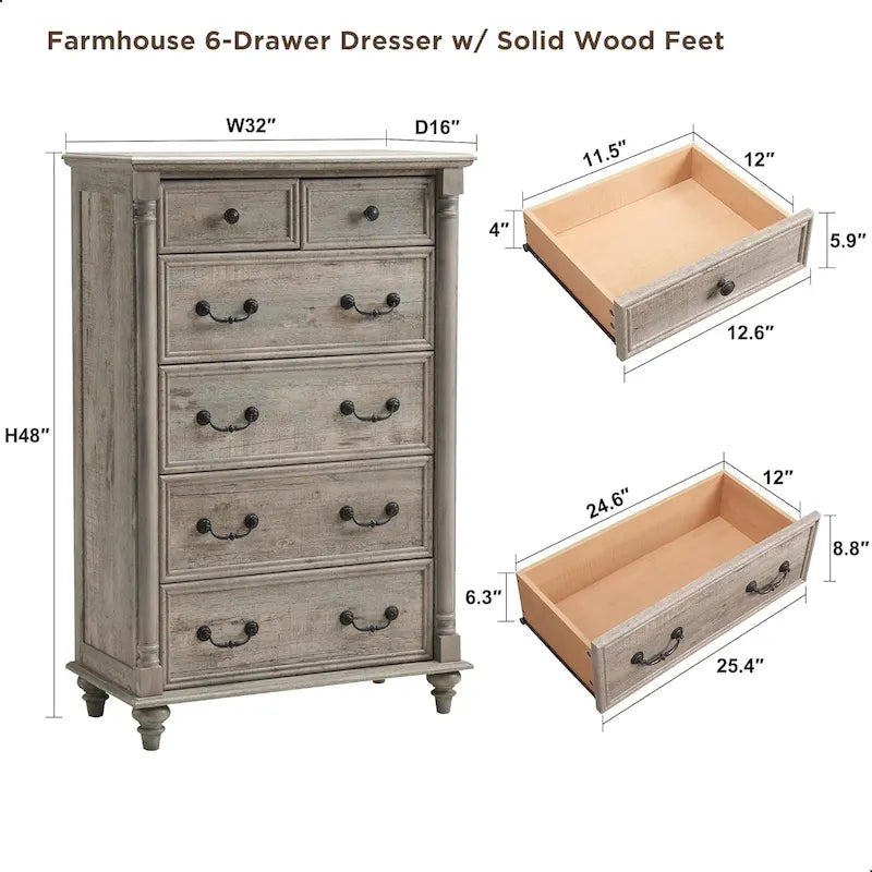 Commode rustique à 6 tiroirs de style campagnard, commode en bois rustique