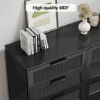 Commode double moderne Anmytek noire à 6 tiroirs pour chambre à coucher, en bois et rotin