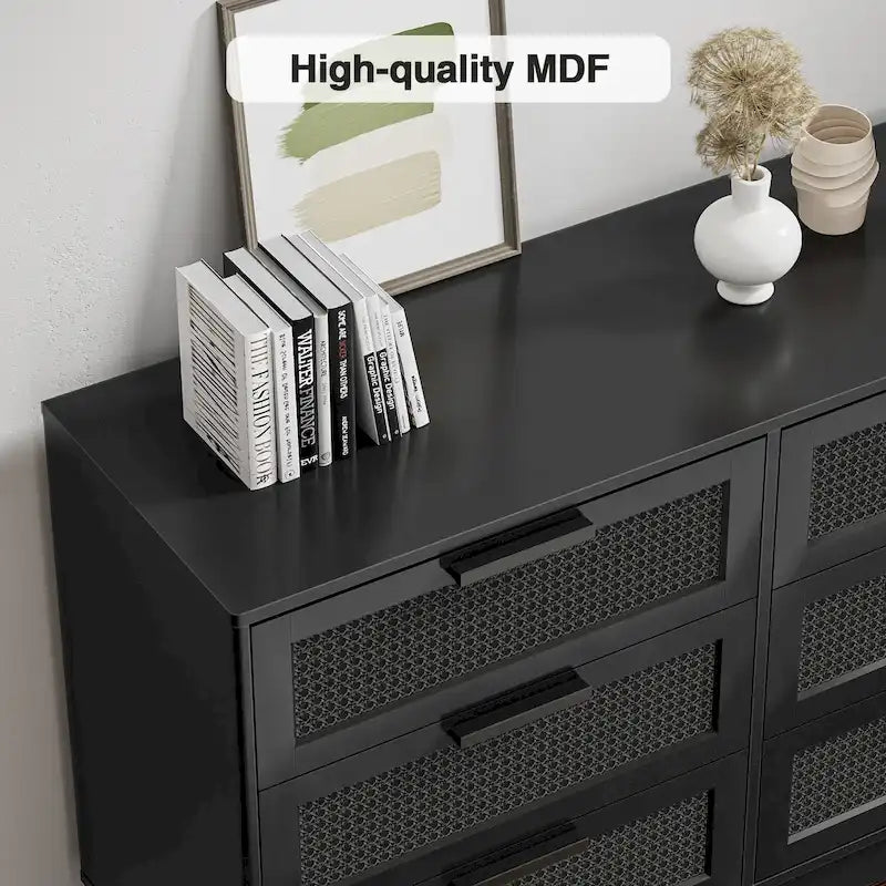 Commode double moderne Anmytek noire à 6 tiroirs pour chambre à coucher, en bois et rotin