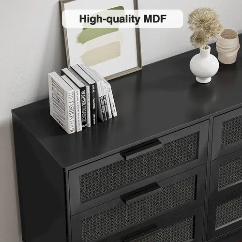 Commode double moderne Anmytek noire à 6 tiroirs pour chambre à coucher, en bois et rotin