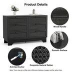 Commode double moderne Anmytek noire à 6 tiroirs pour chambre à coucher, en bois et rotin