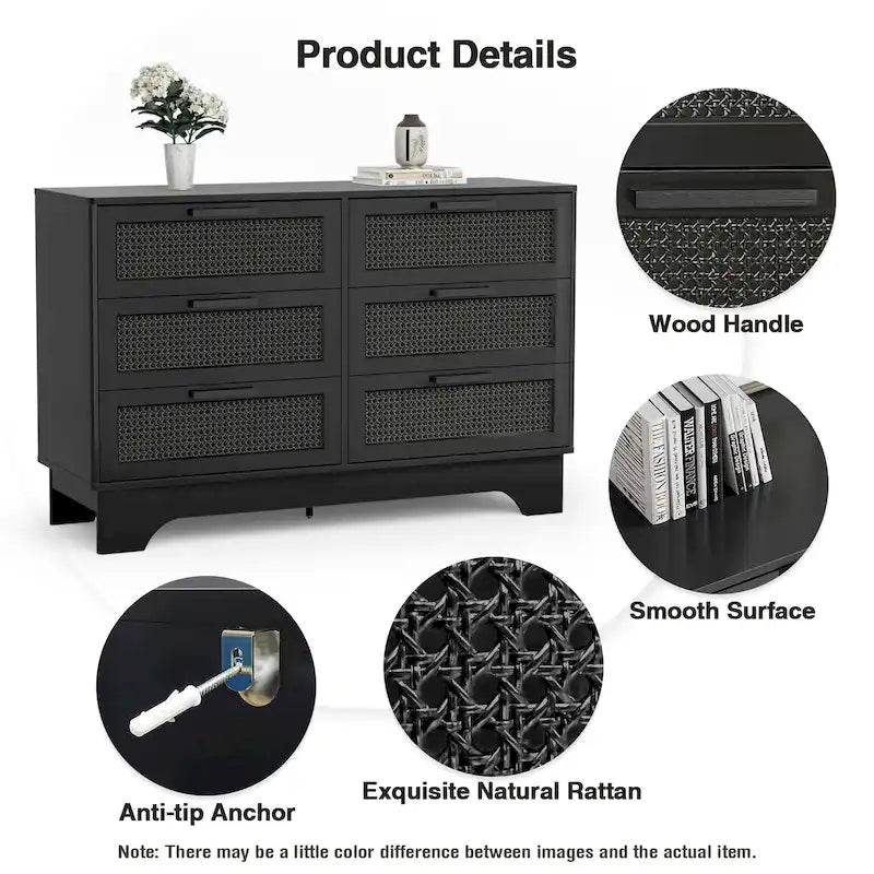 Commode double moderne Anmytek noire à 6 tiroirs pour chambre à coucher, en bois et rotin