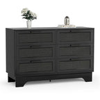 Commode double moderne Anmytek noire à 6 tiroirs pour chambre à coucher, en bois et rotin