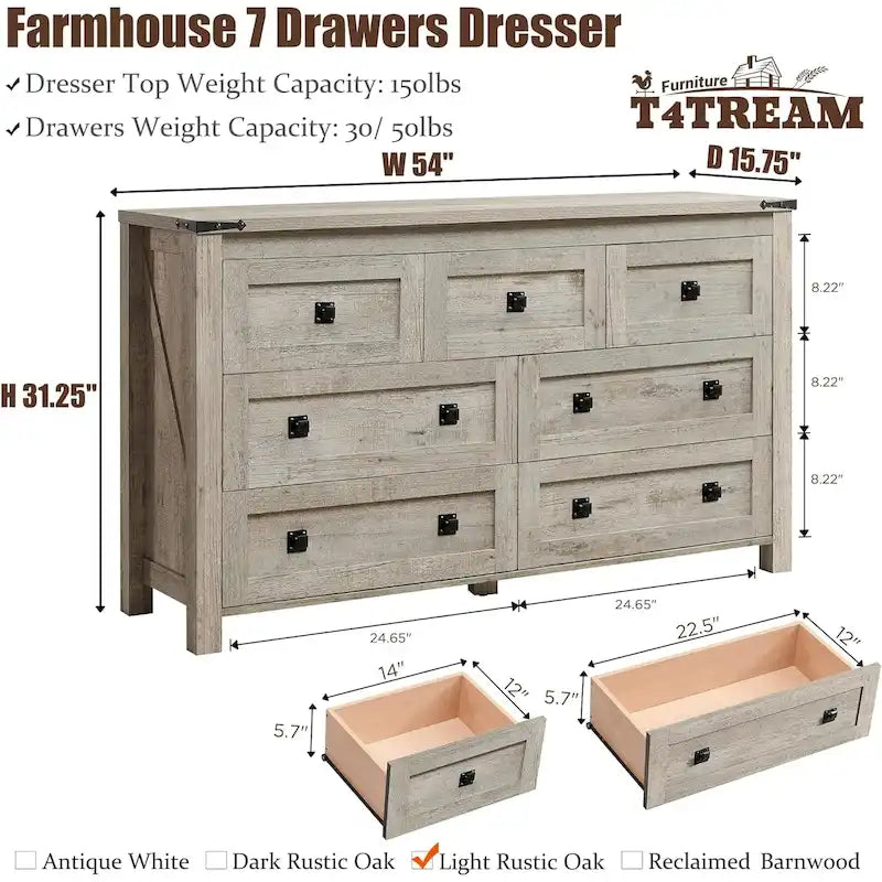 Commode rustique à 7 tiroirs, commode en bois, organiseur de commode