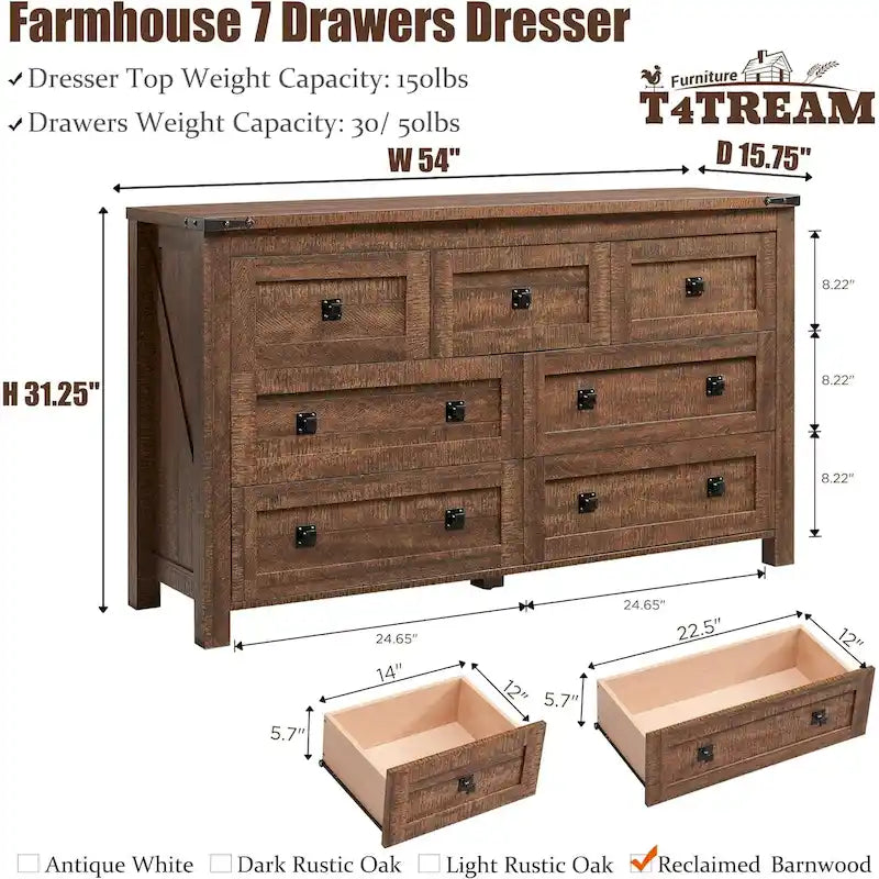 Commode rustique à 7 tiroirs, commode en bois, organiseur de commode