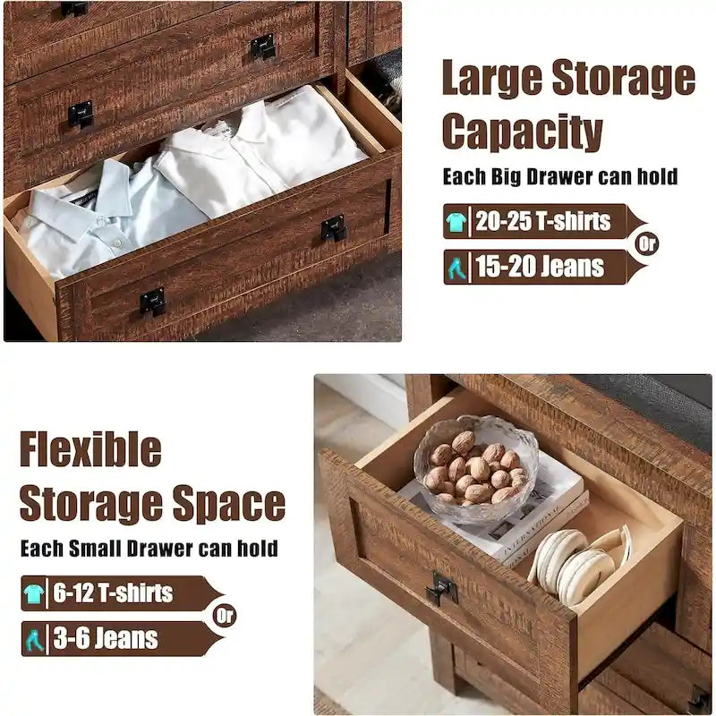 Commode rustique à 7 tiroirs, commode en bois, organiseur de commode