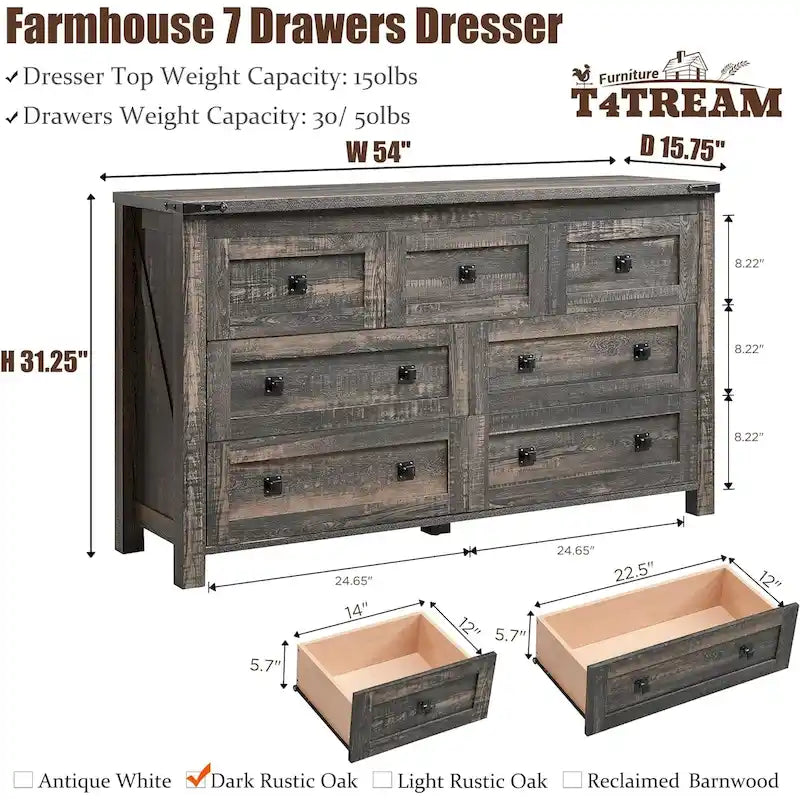 Commode rustique à 7 tiroirs, commode en bois, organiseur de commode
