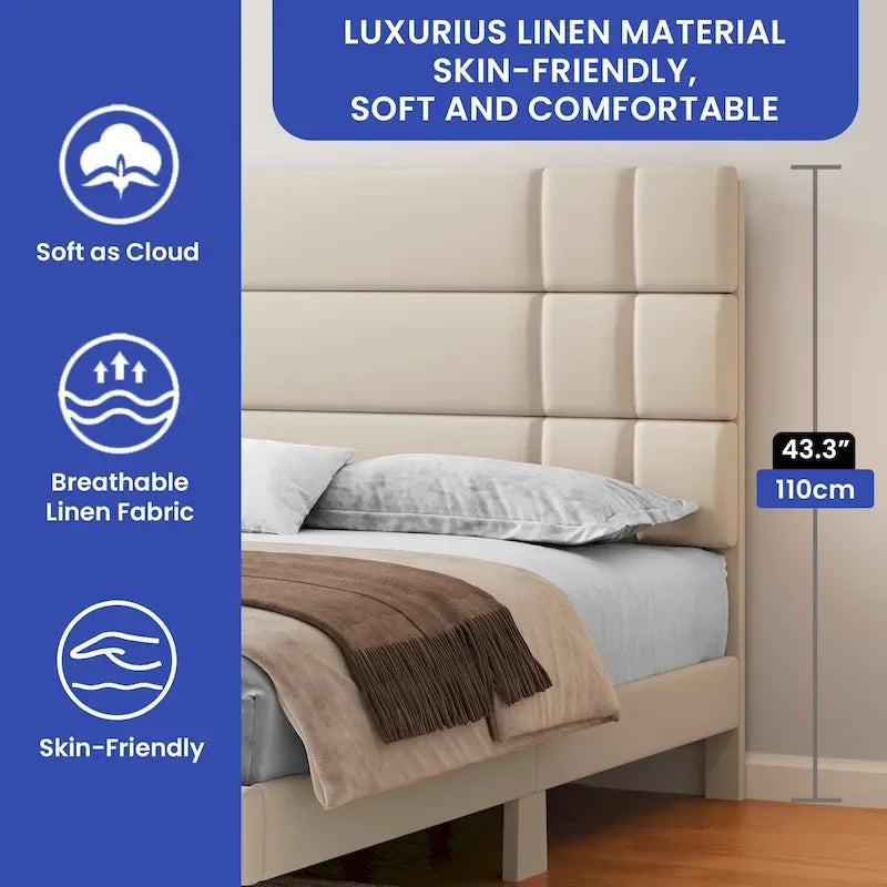 Lit plateforme Moasis Queen/King avec tête de lit rembourrée en lin