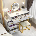 Coiffeuse avec tabouret et miroir LED, coiffeuse moderne avec 6 tiroirs de rangement
