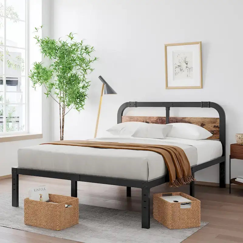 Lit en fer robuste anti-basculement de 101,6 cm (40 pouces) avec tête de lit en bois massif