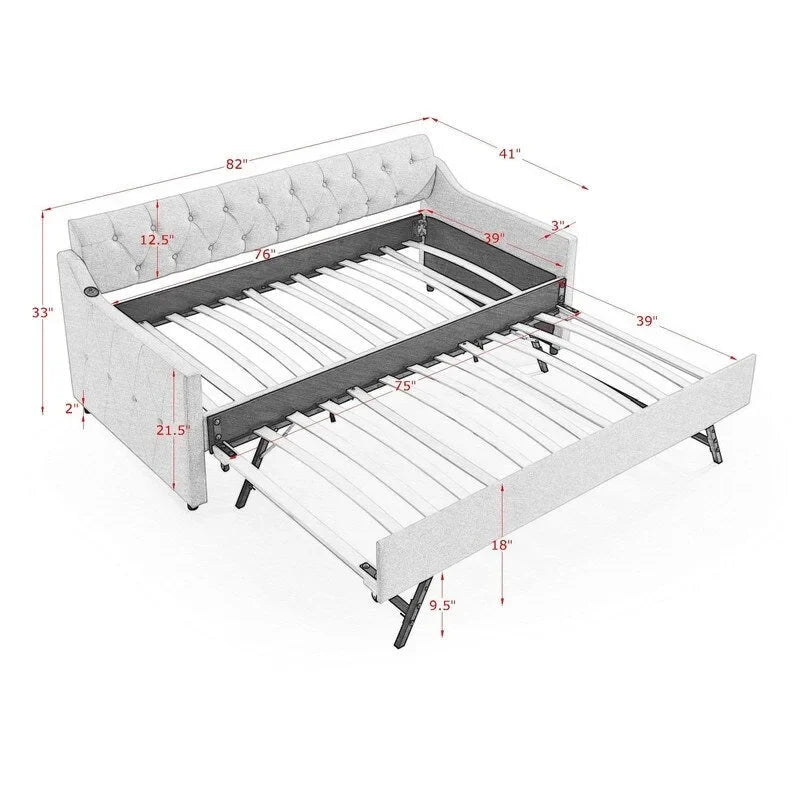Lit de jour en lin pour lit simple avec lit gigogne pour lit simple et port USB pour le chargement