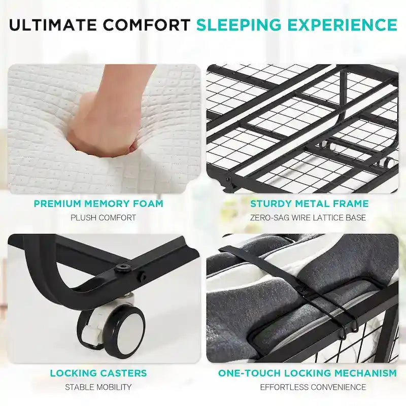 Lit pliant Erommy avec matelas en mousse à mémoire de forme : Lit d'appoint pliable et portable pour adultes avec un luxueux matelas en mousse à mémoire de forme de 12,7 cm (5 pouces).