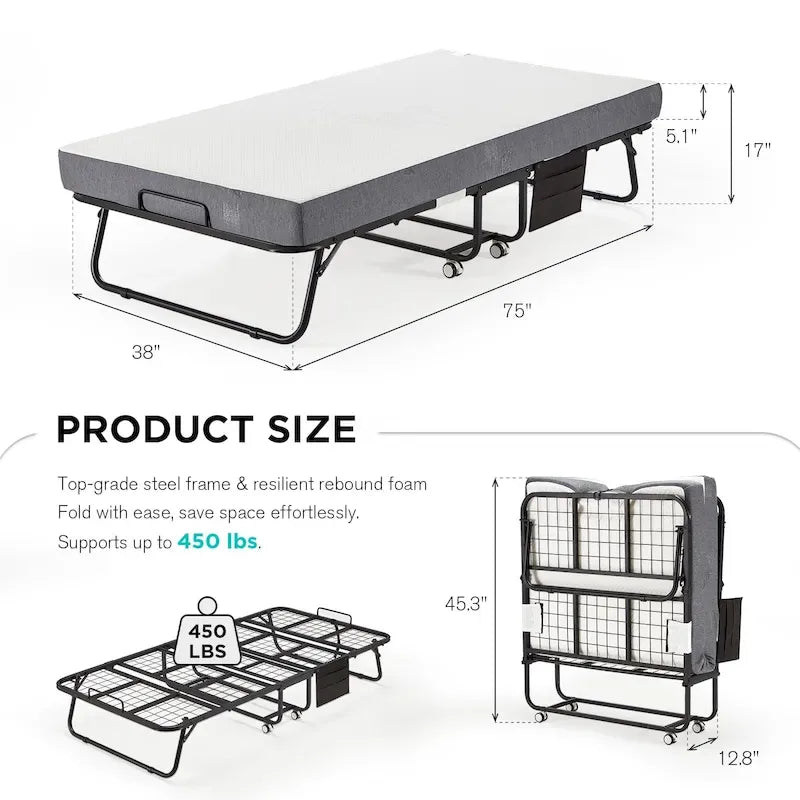 Lit pliant Erommy avec matelas en mousse à mémoire de forme : Lit d'appoint pliable et portable pour adultes avec un luxueux matelas en mousse à mémoire de forme de 12,7 cm (5 pouces).