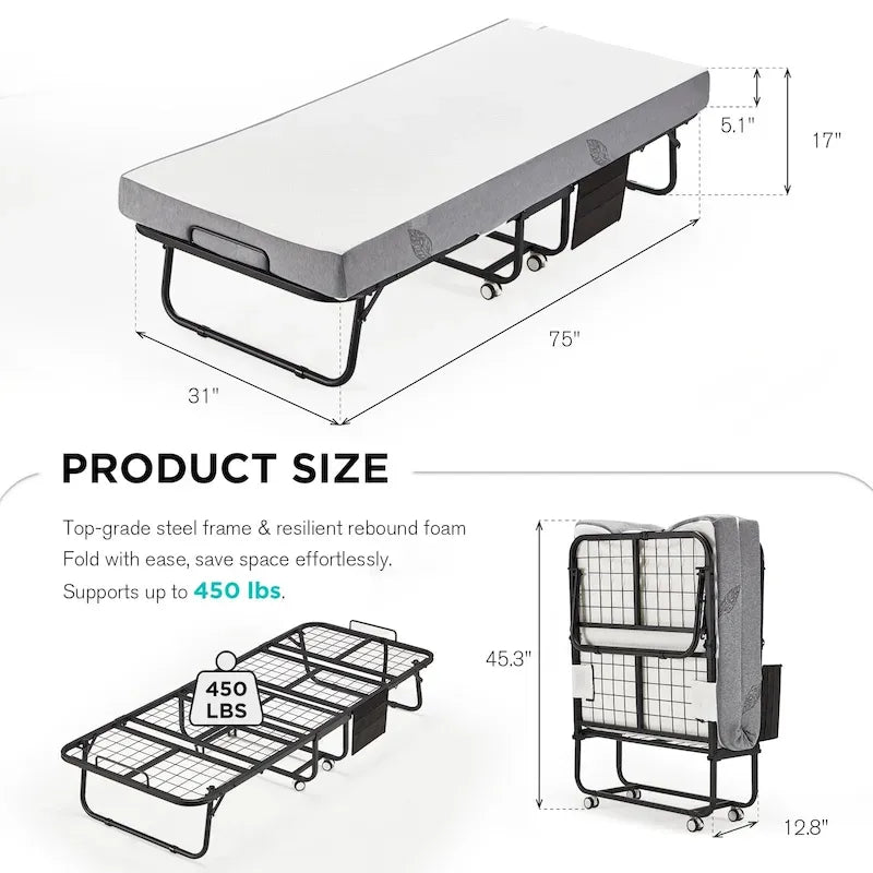 Lit pliant Erommy avec matelas en mousse à mémoire de forme : Lit d'appoint pliable et portable pour adultes avec un luxueux matelas en mousse à mémoire de forme de 12,7 cm (5 pouces).