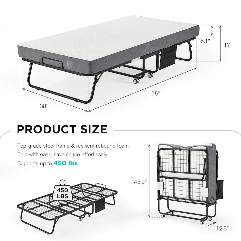 Lit pliant Erommy avec matelas en mousse à mémoire de forme : Lit d'appoint pliable et portable pour adultes avec un luxueux matelas en mousse à mémoire de forme de 12,7 cm (5 pouces).
