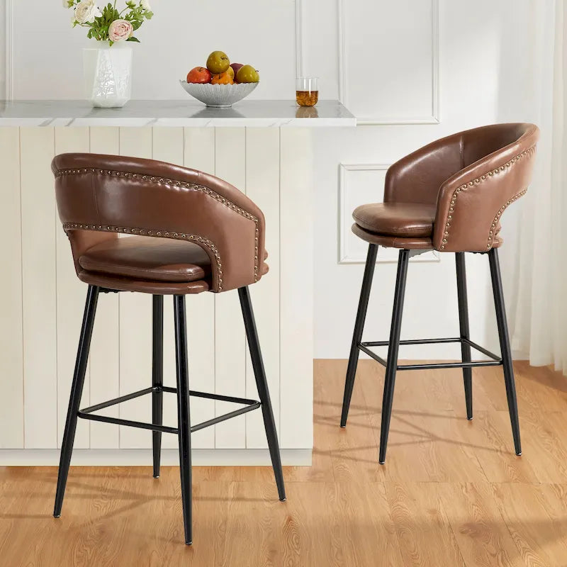 Ensemble de 2 tabourets de bar Glitzhome style moderne milieu du siècle, hauteur 40,5 pouces, revêtement en similicuir et garniture cloutée