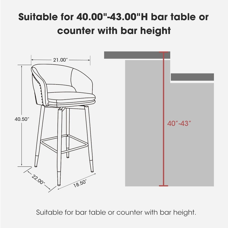 Ensemble de 2 tabourets de bar Glitzhome style moderne milieu du siècle, hauteur 40,5 pouces, revêtement en similicuir et garniture cloutée