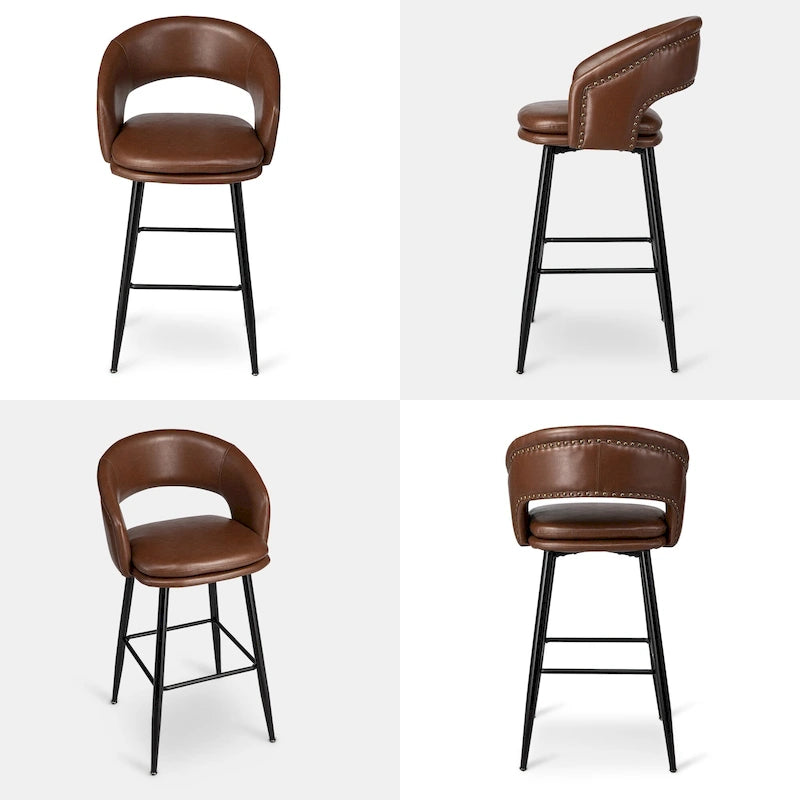 Ensemble de 2 tabourets de bar Glitzhome style moderne milieu du siècle, hauteur 40,5 pouces, revêtement en similicuir et garniture cloutée