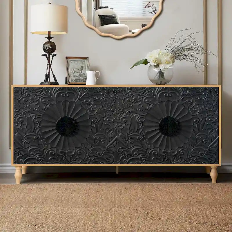 Porte à motif symétrique sculpté et cadre couleur bois pour meuble TV