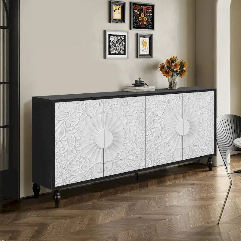 Porte à motif symétrique sculpté et cadre couleur bois pour meuble TV