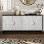 Porte à motif symétrique sculpté et cadre couleur bois pour meuble TV