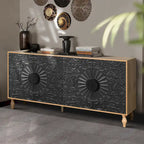 Porte à motif symétrique sculpté et cadre couleur bois pour meuble TV