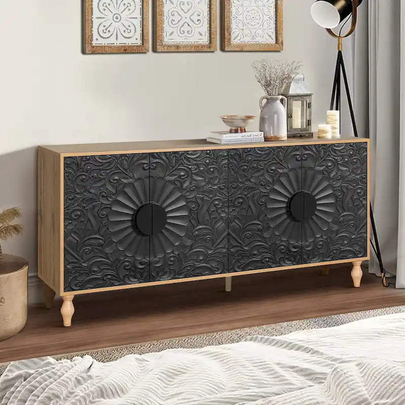 Porte à motif symétrique sculpté et cadre couleur bois pour meuble TV