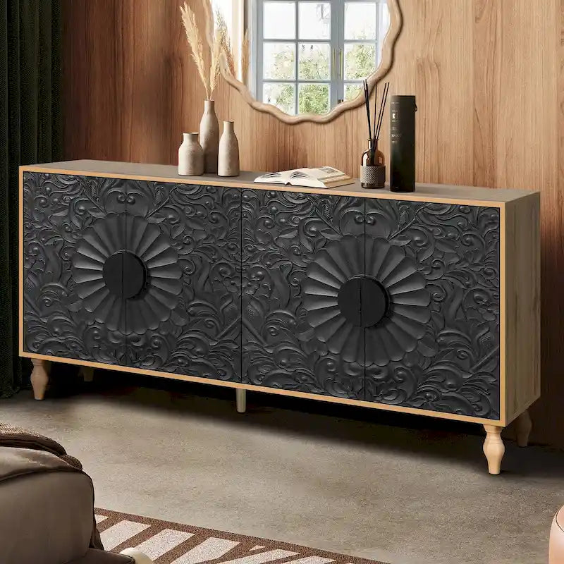 Porte à motif symétrique sculpté et cadre couleur bois pour meuble TV
